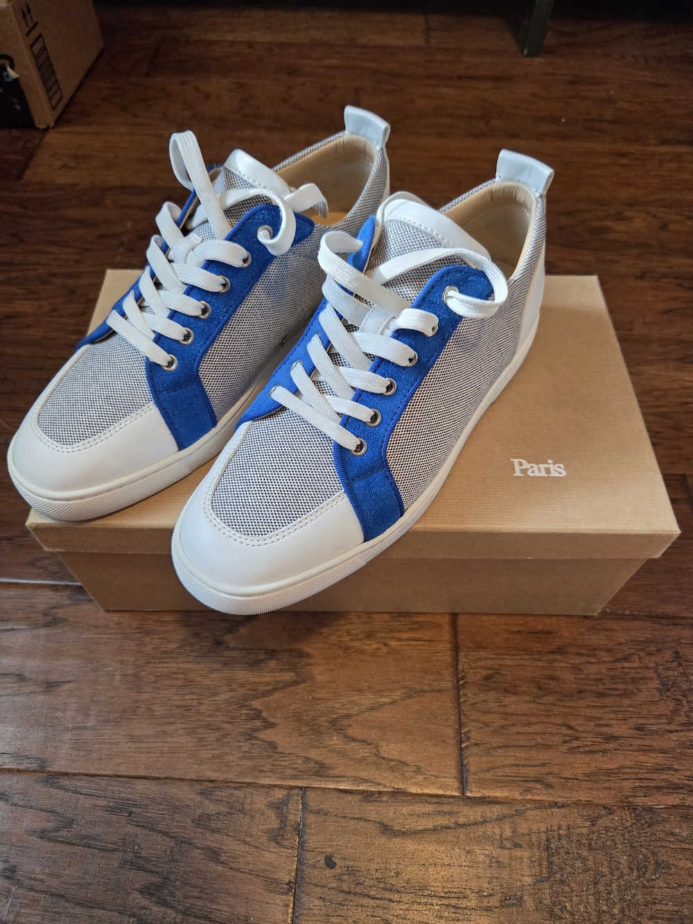 Christian Louboutin White and Blue Low-Top Mesh & Leather Sneakers - Size 9.5